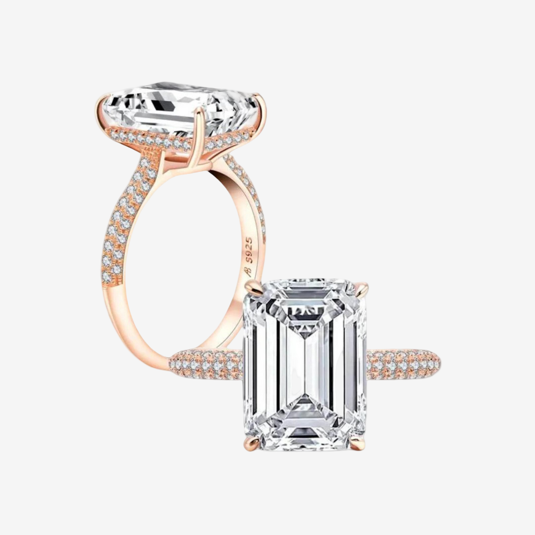 Emerald Cut, Engagement Ring, 6 Carats, Pave Band, Rose Gold