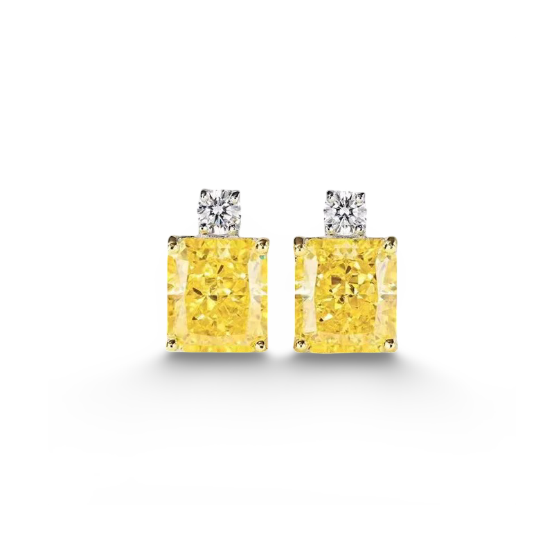 1 Carat, Princess Cut, Fancy Yellow, Sterling Silver, Studs