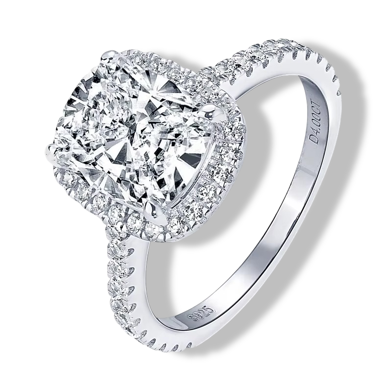 Cushion Cut Halo Engagement Ring, 4 Carats, Sterling Silver