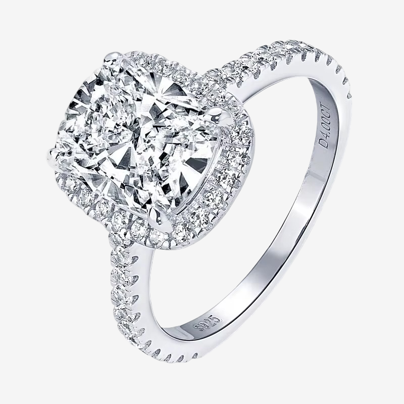 Cushion Cut Halo Engagement Ring, 4 Carats, Sterling Silver