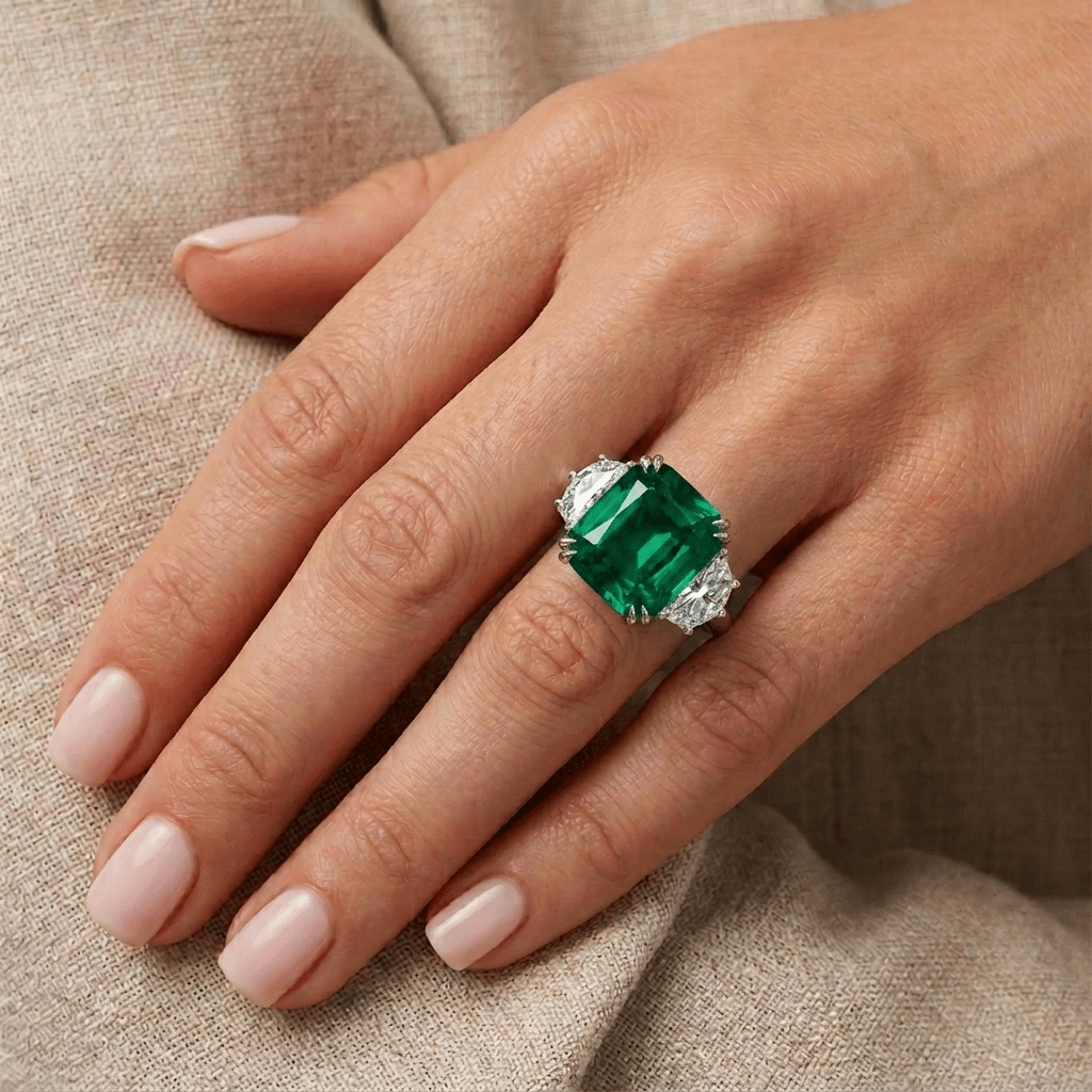 9 Carat, Emerald Green, Radiant Cut Cocktail Ring - MargalitRings