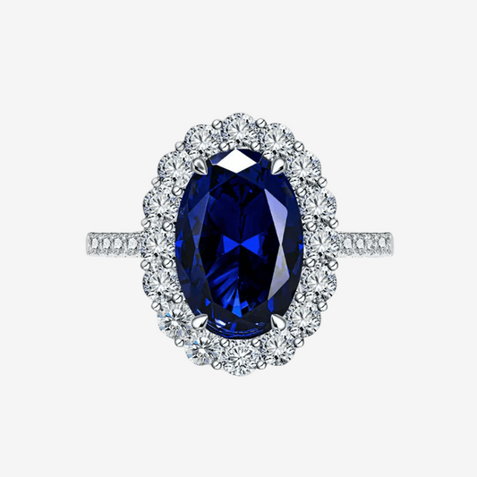 Blue Sapphire Engagement Ring, 3 Carats, Sterling Silver, Cluster Halo - MargalitRings