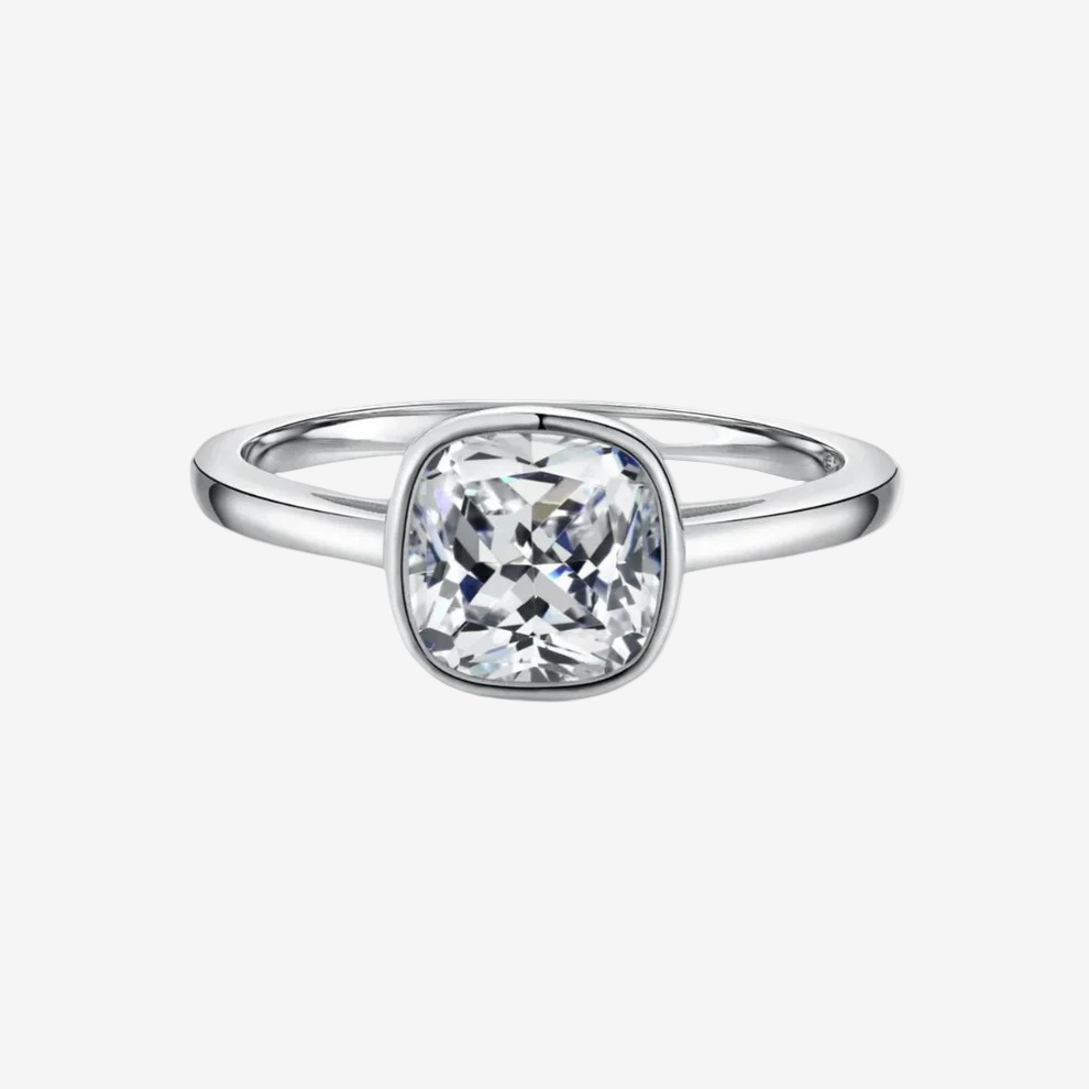 Cushion Cut, Bezel Set, Engagement Ring, 2 Carats, Gold Sterling Silver