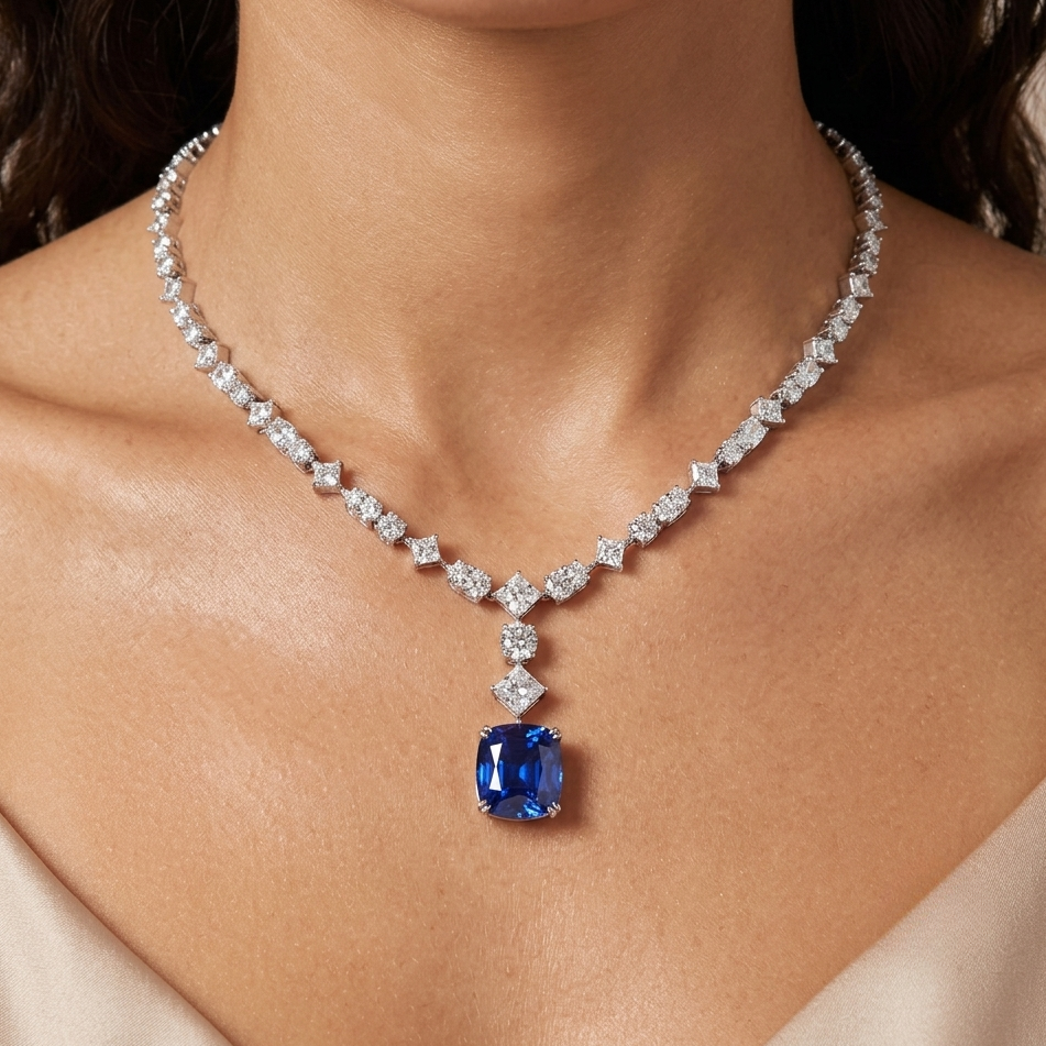 Diamond necklace with a blue gemstone worn by a model