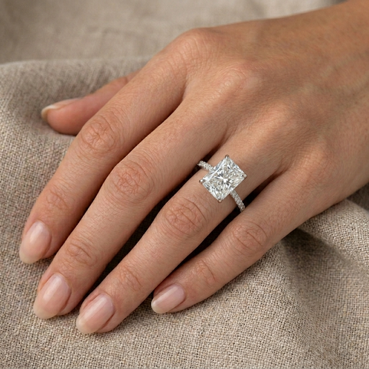 Emerald Cut Engagement Ring, 5 Carats, Radiant Cut, Sterling Silver Band