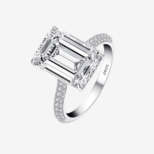 Nada Kumani Emerald Cut Engagement Ring, Pave, Sterling Silver, 6 Carats - MargalitRings