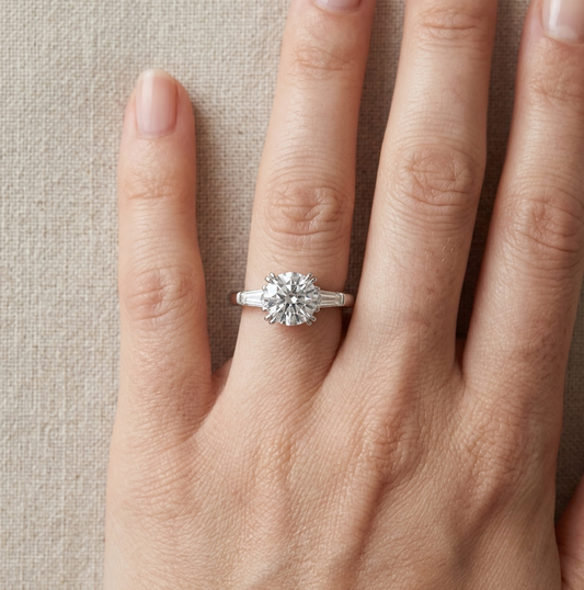 Round Cut Engagement Ring, 2 Carats, Three Stone Ring