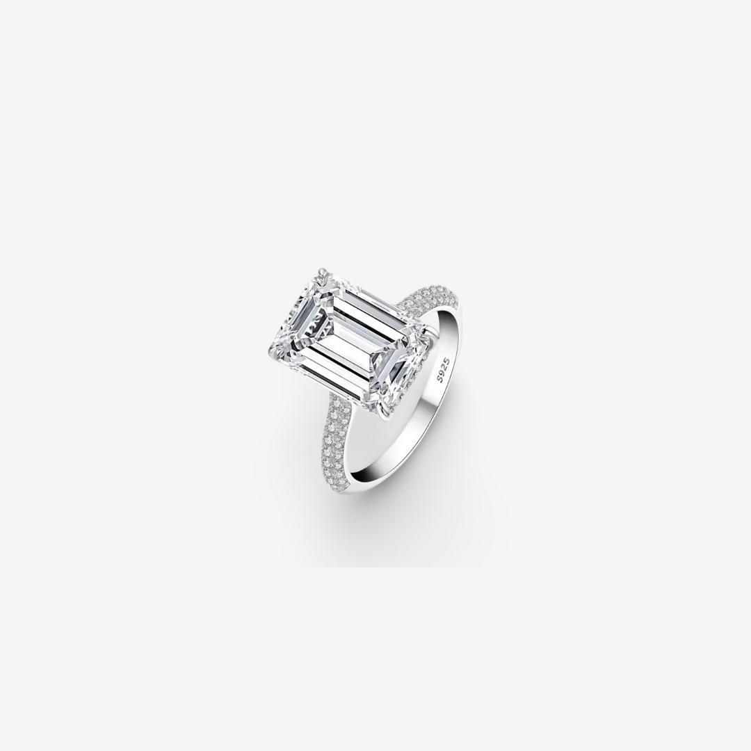 Nada Kumani Emerald Cut Engagement Ring, Pave, Sterling Silver, 6 Carats