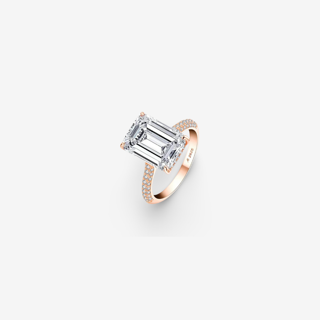 Emerald Cut, Engagement Ring, 6 Carats, Pave Band, Rose Gold