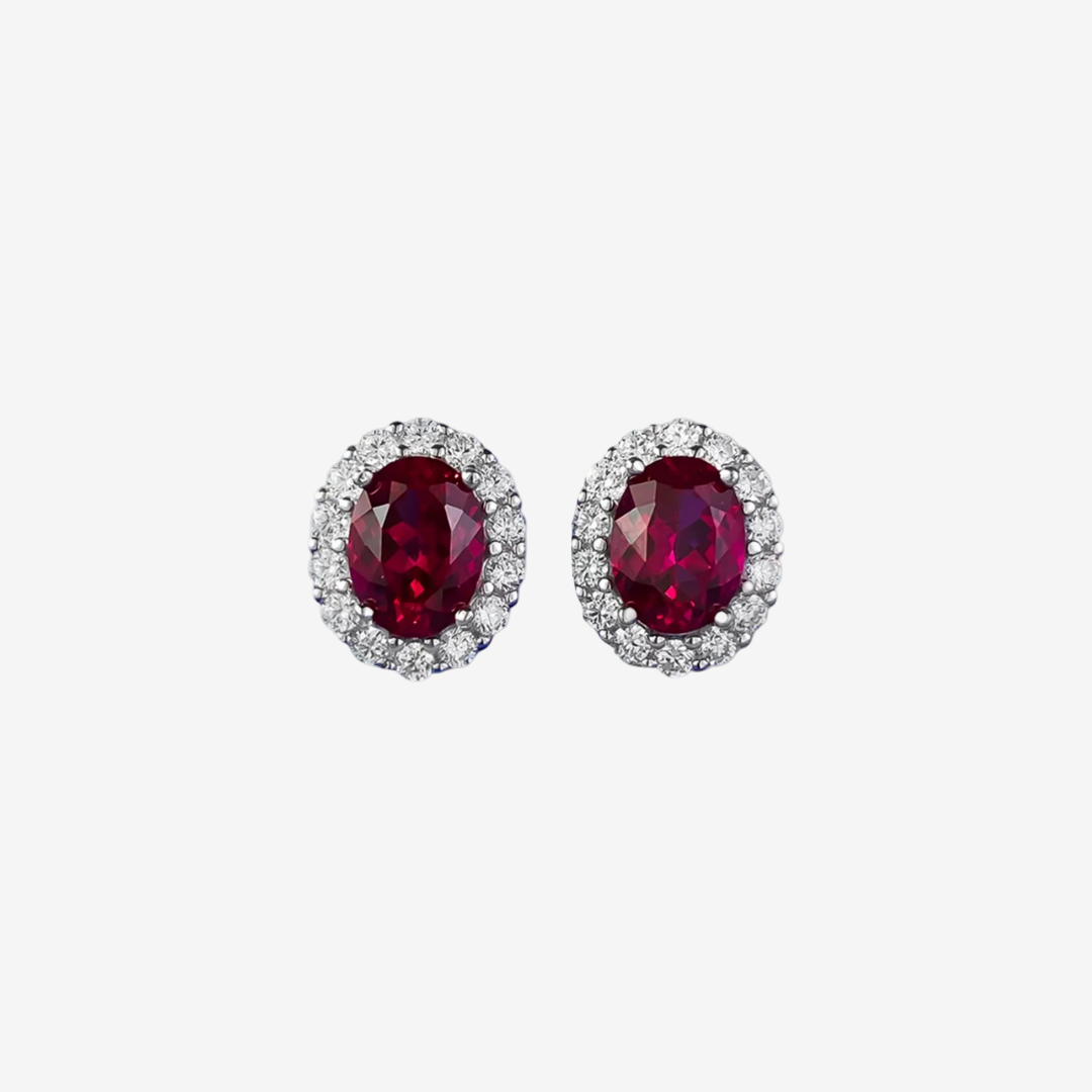 Oval Ruby Halo Stud Earrings – Sterling Silver