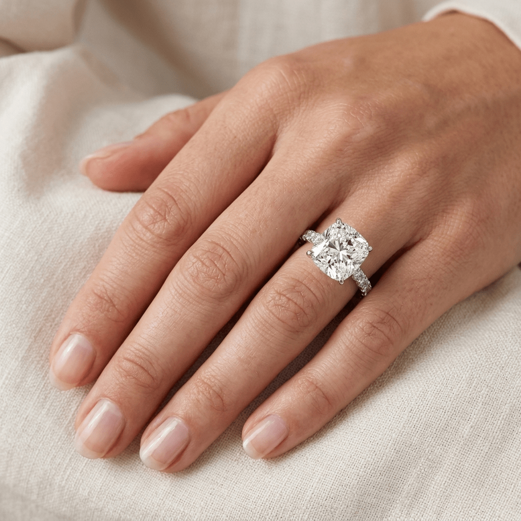 Cushion Cut Engagement Ring, 5 Carats, Halo, Silver - MargalitRings