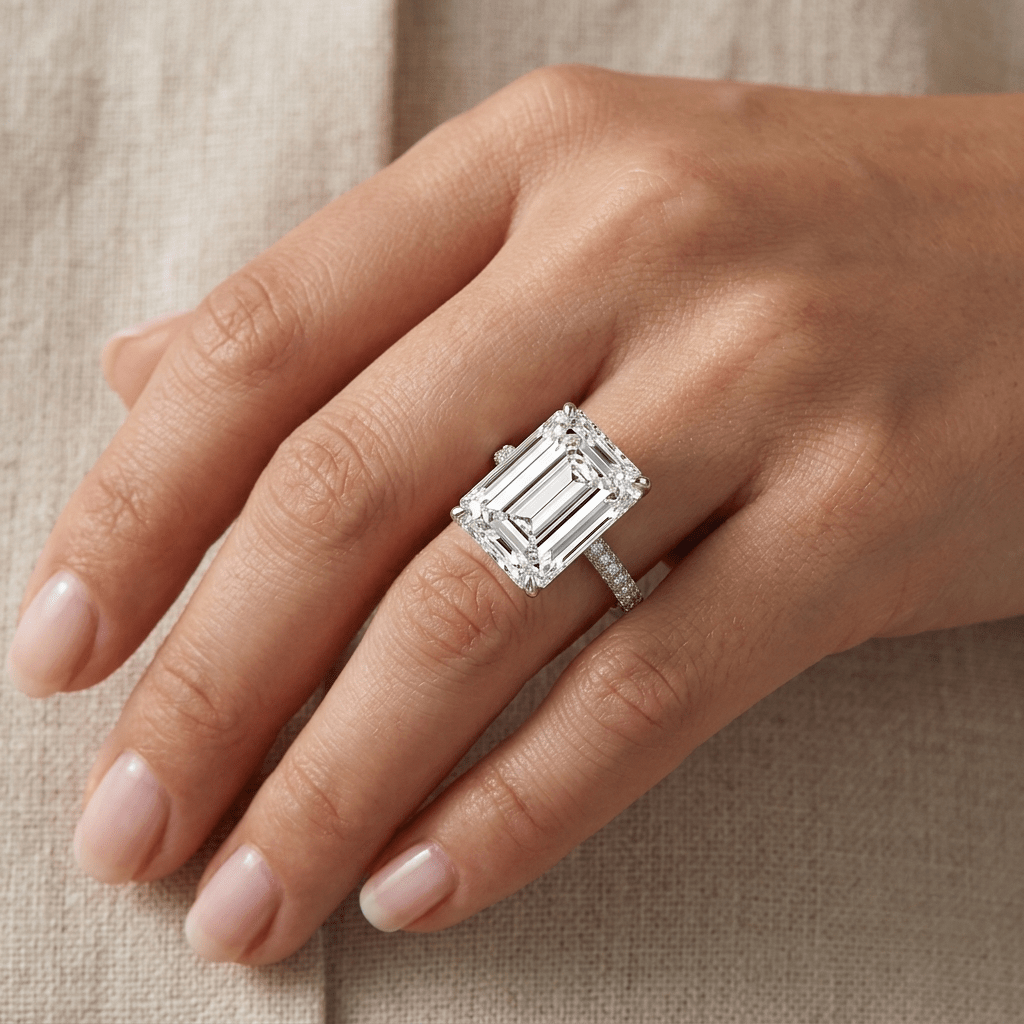 Emerald Cut, Engagement Ring, 6 Carats, Pave Band, Rose Gold - MargalitRings