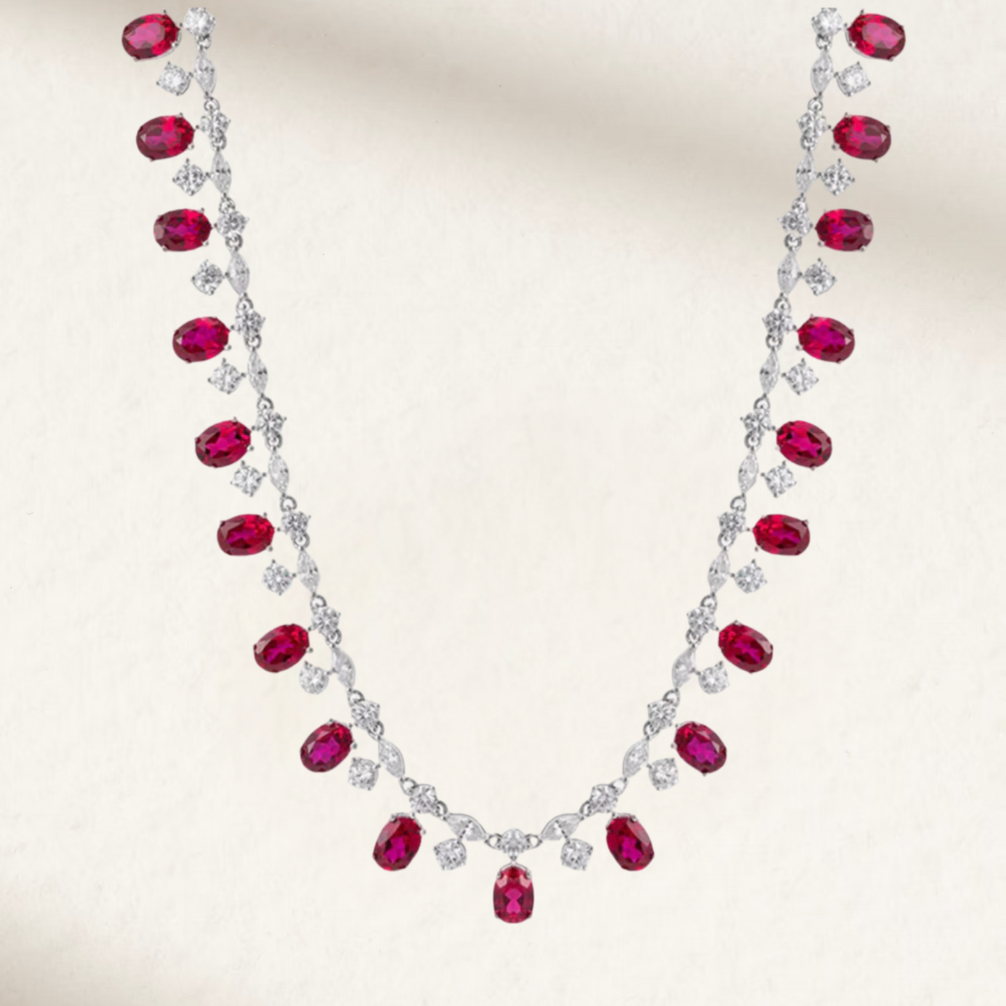 Red Ruby and Diamond Riviere Necklace with Oval Cut Lab Made Stones in Sterling Silver – Margalit Rings