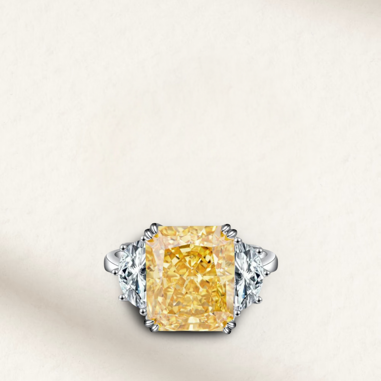 9 Carat fancy yellow radiant cut cocktail ring with silver prong setting, mounted on a sterling silver band, bold statement ring