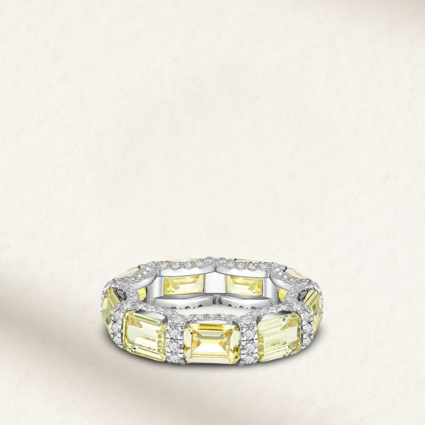 Stackable colored diamond eternity bands with emerald cut and micro pave stones, available in five vibrant colors, u-prong setting, perfect for layering Yellow