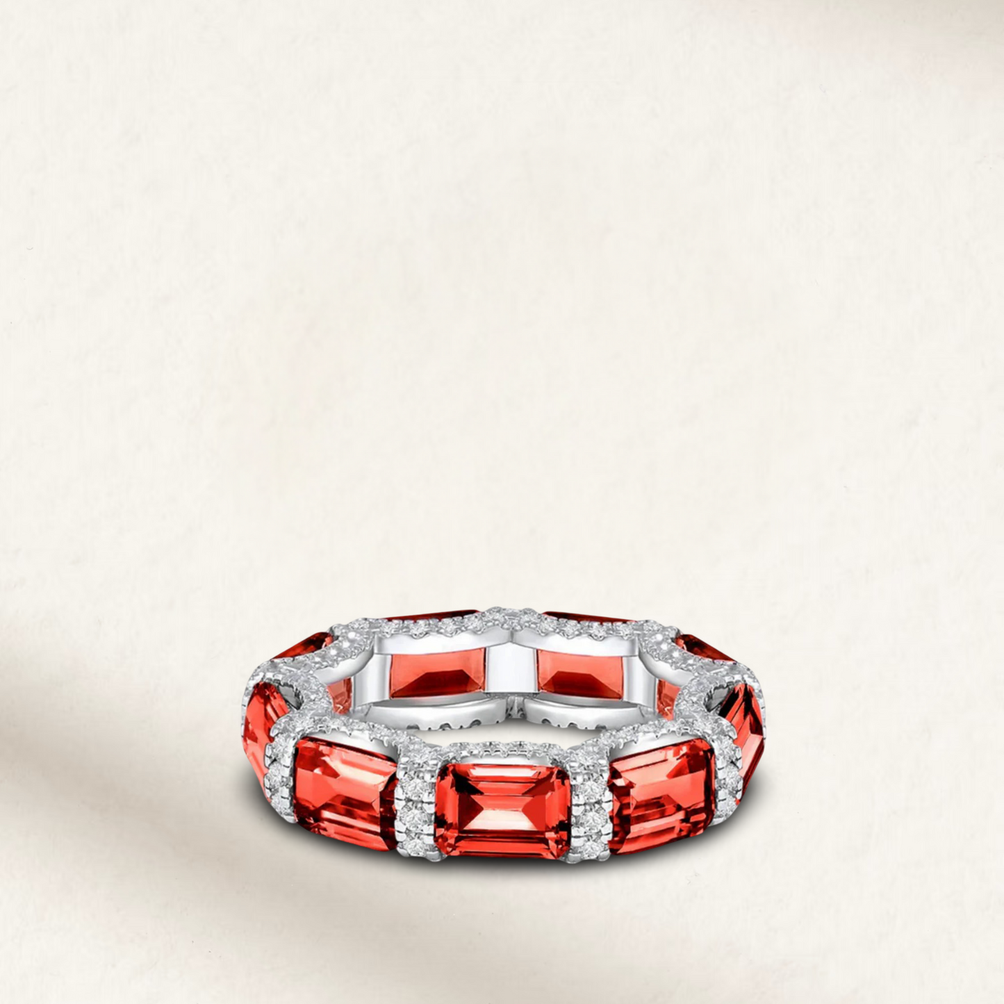 Stackable colored diamond eternity bands with emerald cut and micro pave stones, available in five vibrant colors, u-prong setting, perfect for layering Red