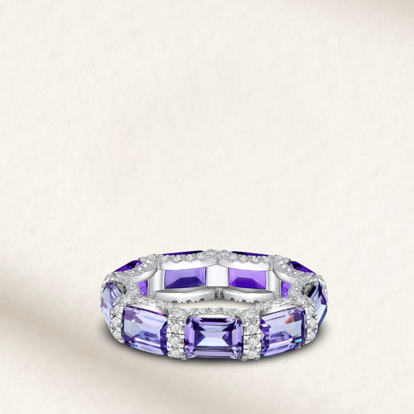 Stackable colored diamond eternity bands with emerald cut and micro pave stones, available in five vibrant colors, u-prong setting, perfect for layering Purple