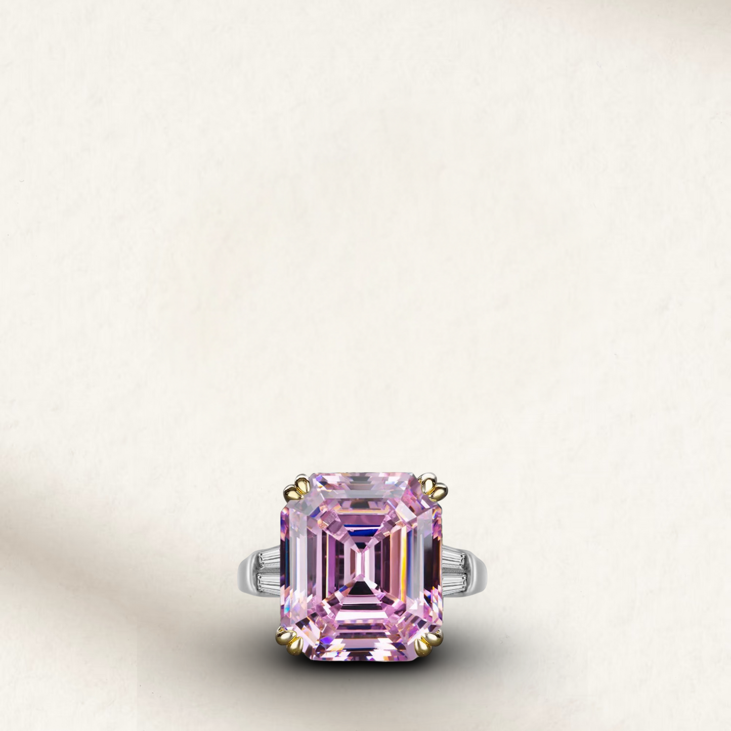9.52 carat Asscher cut engagement ring inspired by Elizabeth Taylor, fancy pink brilliant stone, mounted on gold prongs with a sterling silver band