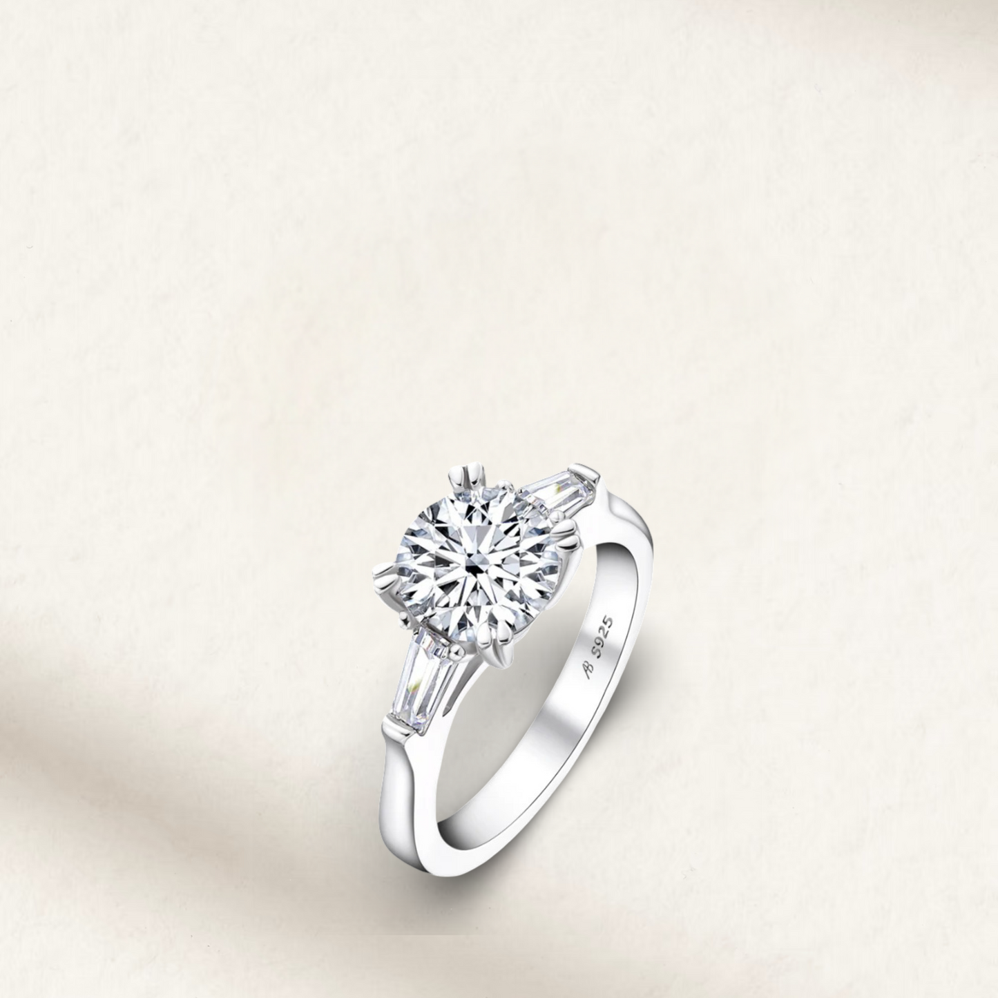 2 carat round cut lab-created engagement ring with D-F color stone set in a classic solitaire 925 sterling silver band.