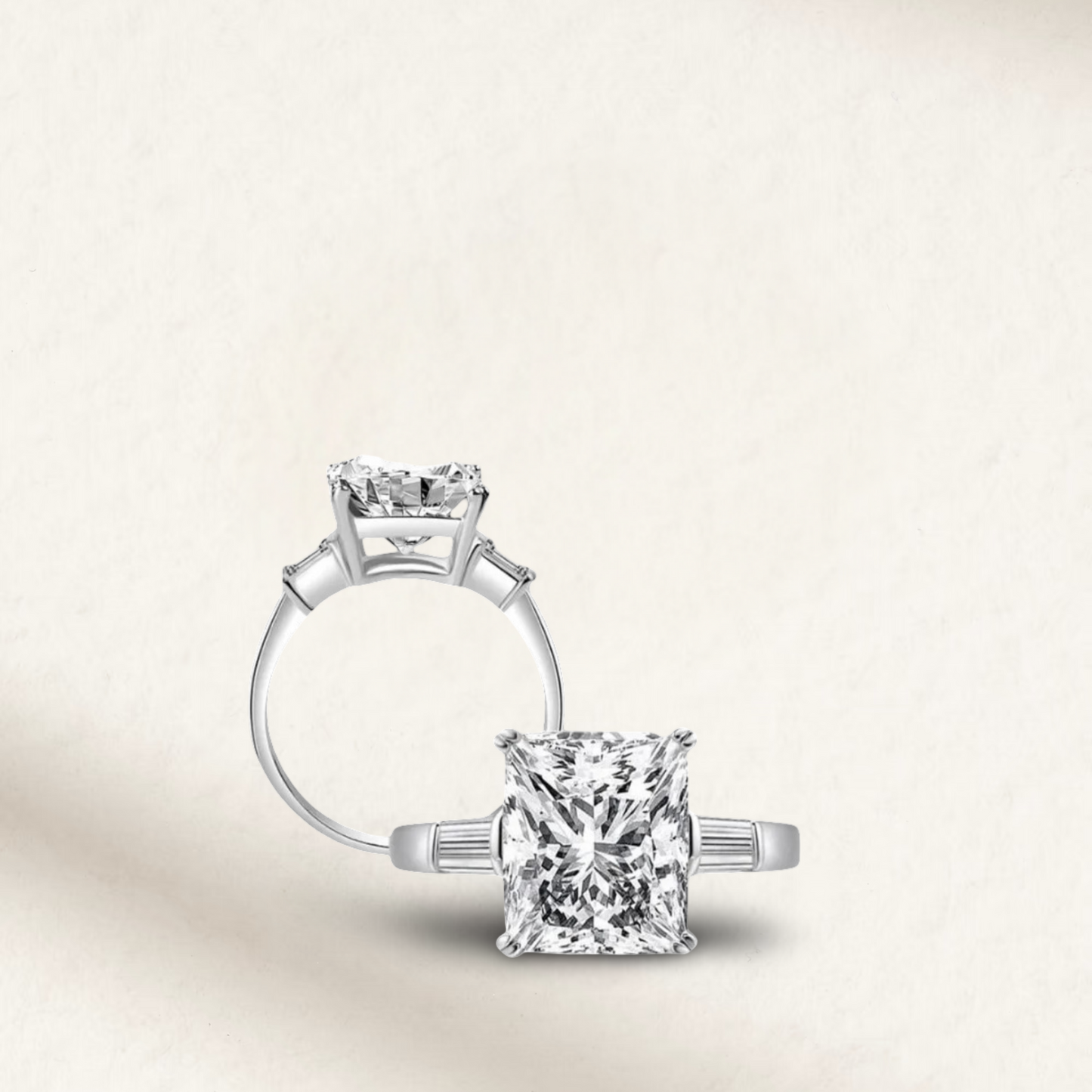 5 carat princess cut engagement ring with white brilliant stone in a three-stone setting, crafted in sterling silver for a timeless bridal look.
