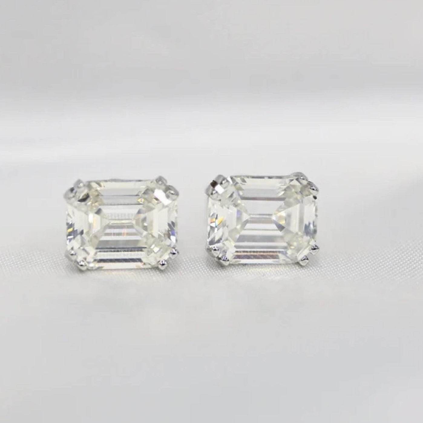 Our timeless, Emerald cut, sterling silver studs weighing 3 carats each, 8mm x 10mm stones. Our beautiful earrings are an elegant option for bridal jewellery or a special anniversary gift! Boxed and ready to go, these diamond earrings enhance any outfit front view by Margalit Rings