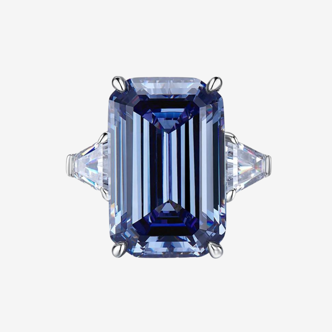 Blue Emerald Cut Lab Created Ring with Halo Design