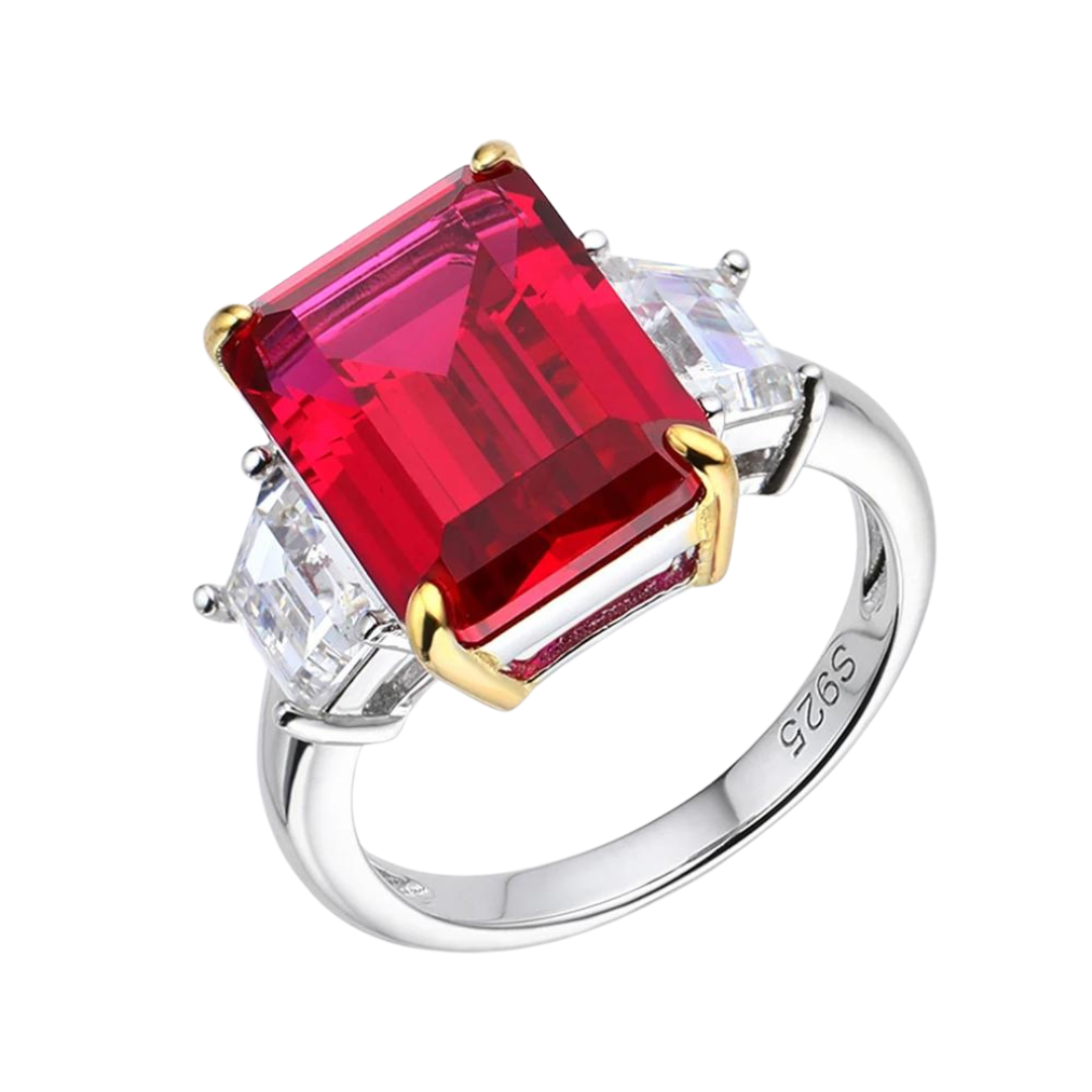 Emerald Cut Red Lab Created Ring in Sterling Silver