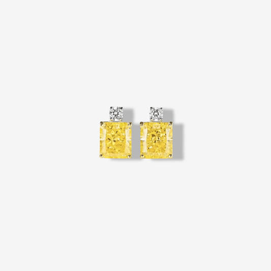 1 Carat, Princess Cut, Fancy Yellow Diamond Earrings, Sterling Silver - MargalitRings