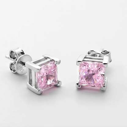 1.25 Carat Diamond, Pink Princess Cut, Wedding Day Studs, Sterling Silver - MargalitRings