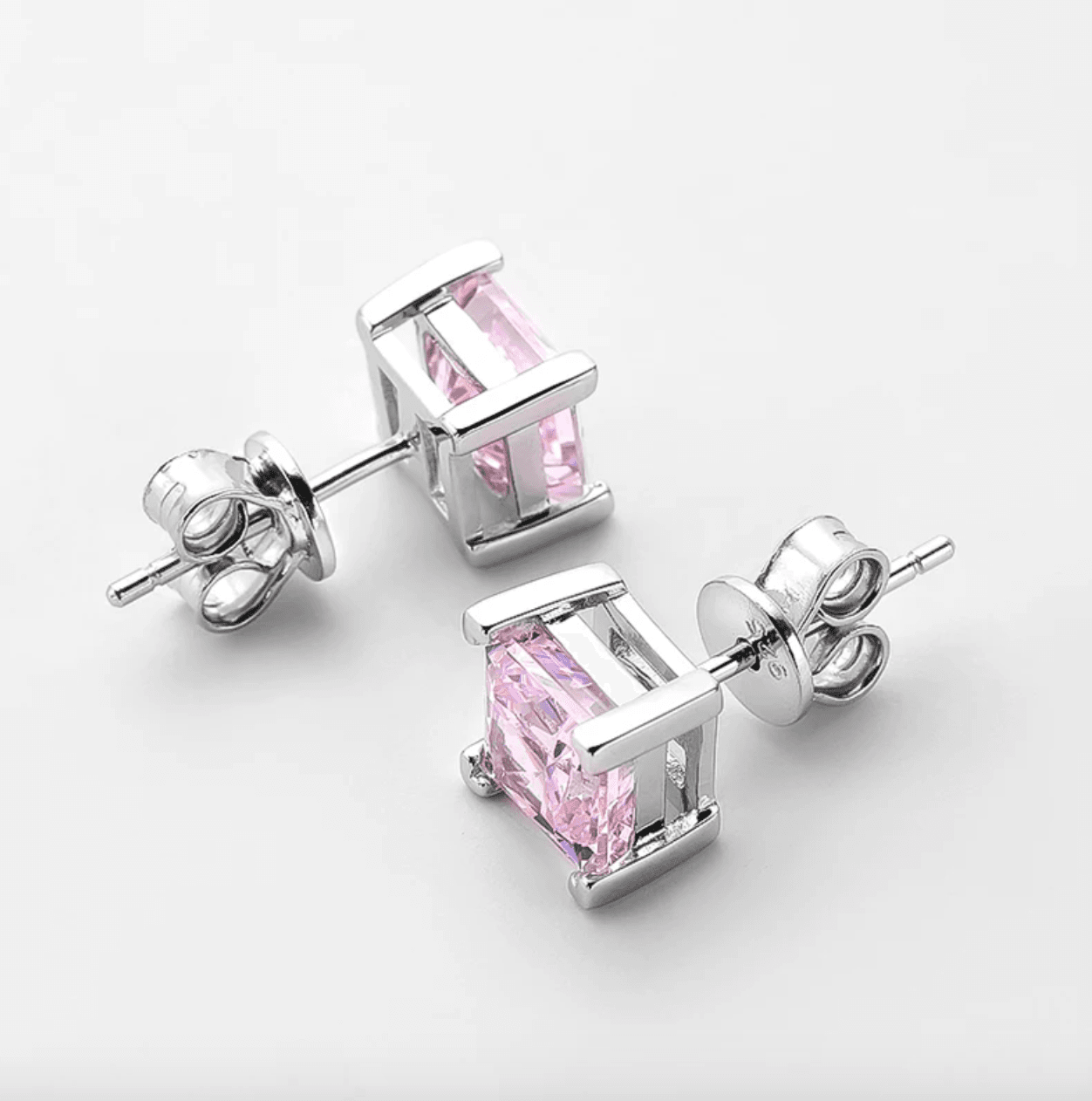 1.25 Carat Diamond, Pink Princess Cut, Wedding Day Studs, Sterling Silver - Margalit Rings