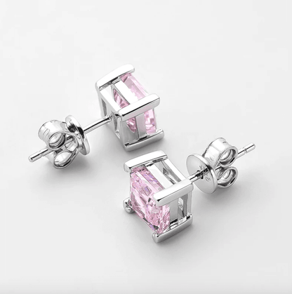 1.25 Carat Diamond, Pink Princess Cut, Wedding Day Studs, Sterling Silver - Margalit Rings