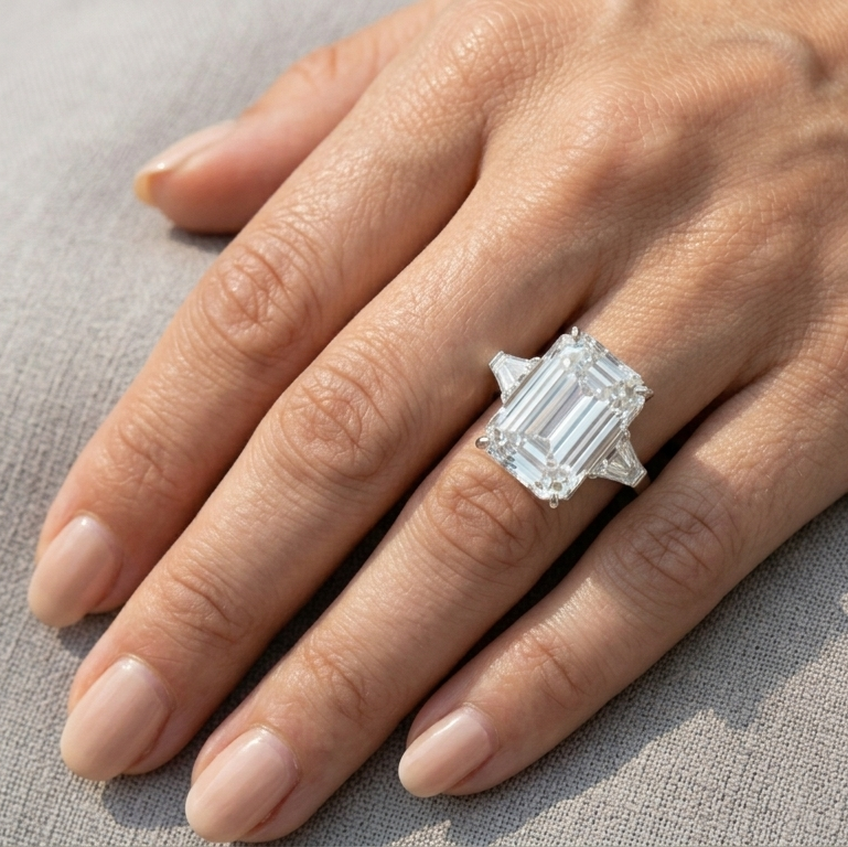 Kim Kardashian Emerald Cut Engagement Ring 10 Carats from Kris Humphries on a Sterling Silver Band 
