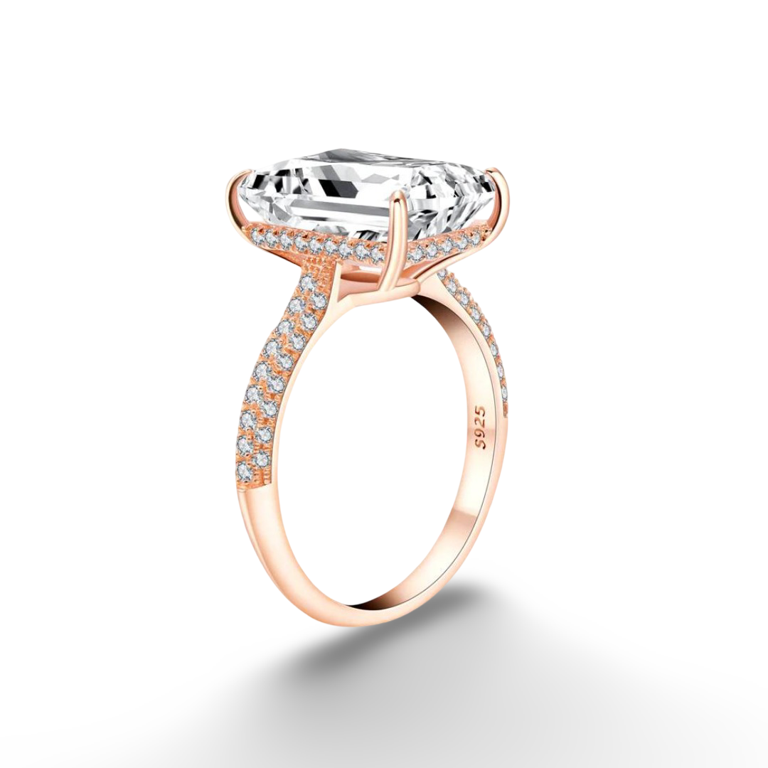 Emerald Cut, Engagement Ring, 6 Carats, Pave Band, Rose Gold