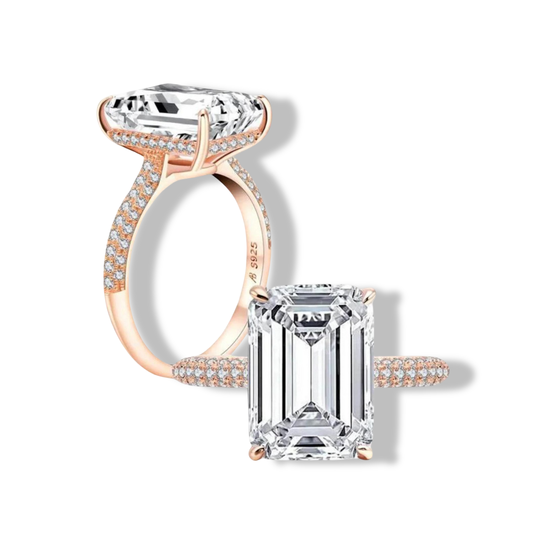 Emerald Cut, Engagement Ring, 6 Carats, Pave Band, Rose Gold