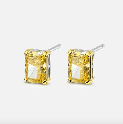 1 Carat, Radiant Cut, Fancy Yellow, Sterling Silver, Studs - MargalitRings