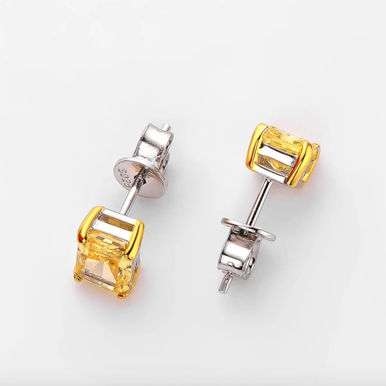 1 Carat, Radiant Cut, Fancy Yellow, Sterling Silver, Studs - MargalitRings