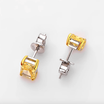 1 Carat, Radiant Cut, Fancy Yellow, Sterling Silver, Studs - MargalitRings