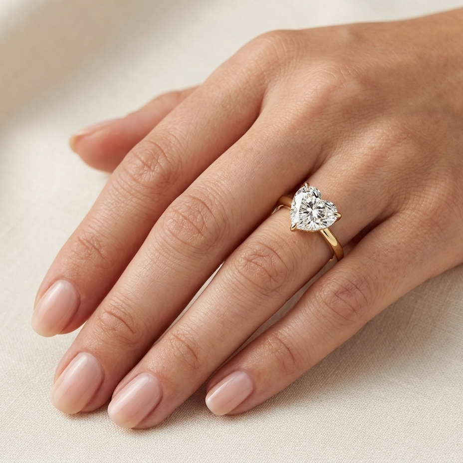 Hand wearing a diamond ring on a light background