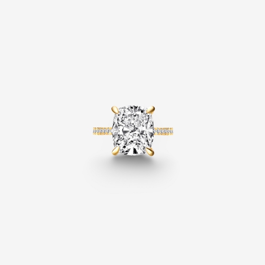 Cushion Cut Engagement Ring, 6 Carats, Hidden Halo, Yellow Gold