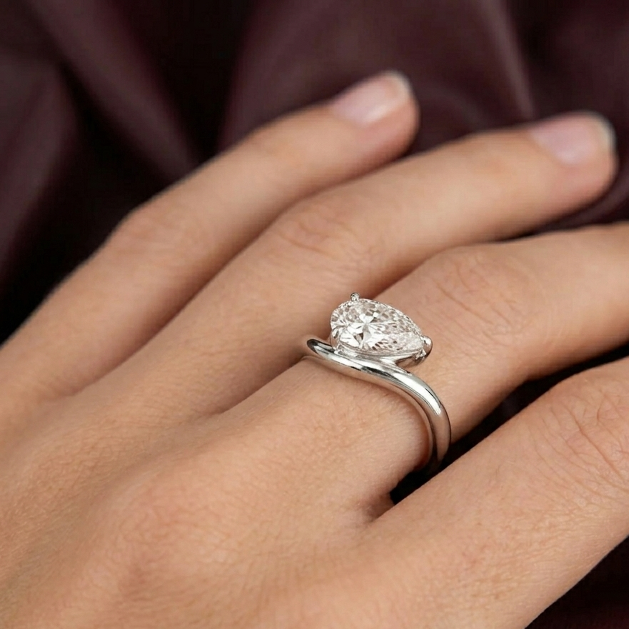 2 Carat Pear Shape Ring on Woven Sterling Silver Band 