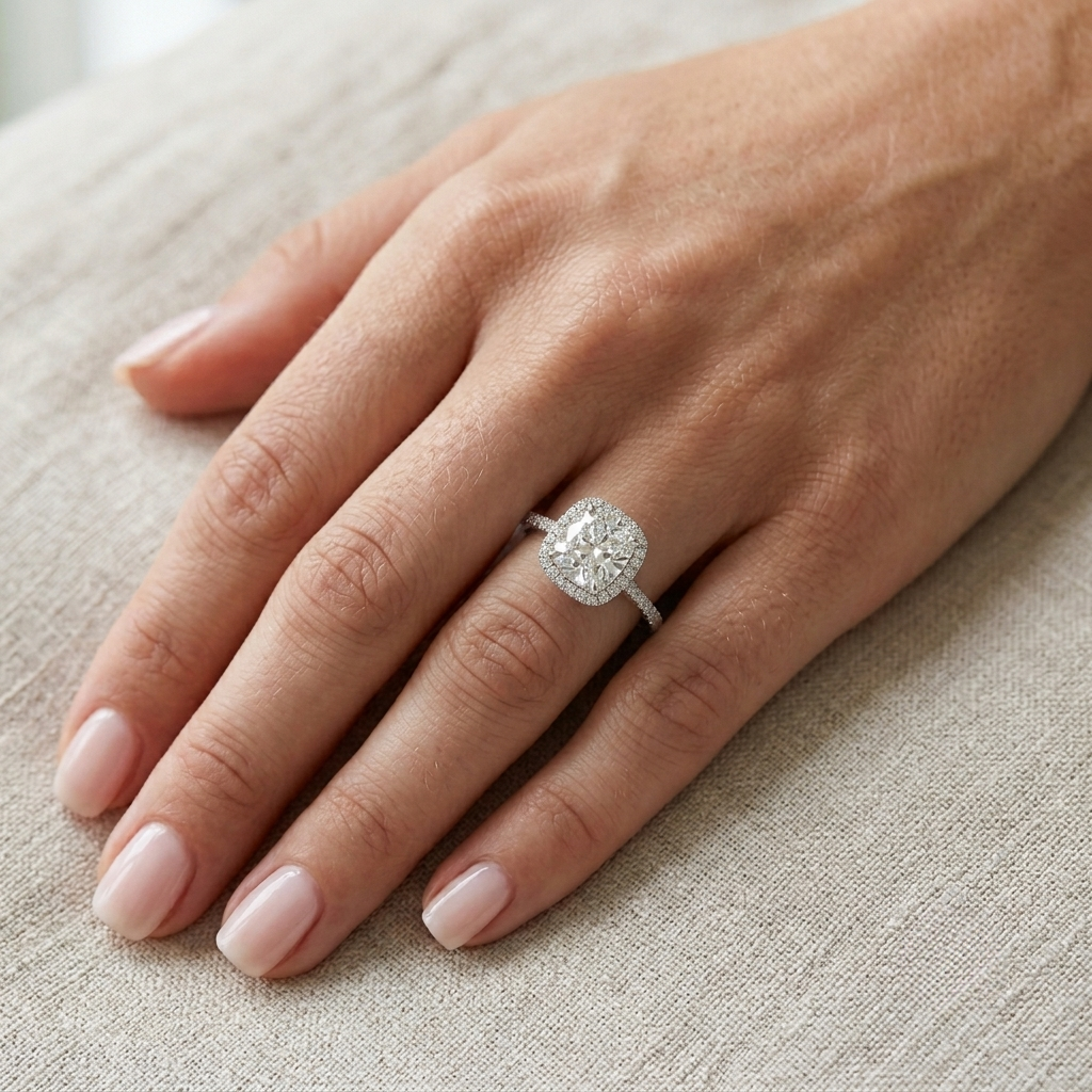 4 Carat Cushion cut ring with halo on a micro pave band, man made diamond simulant, sterling silver