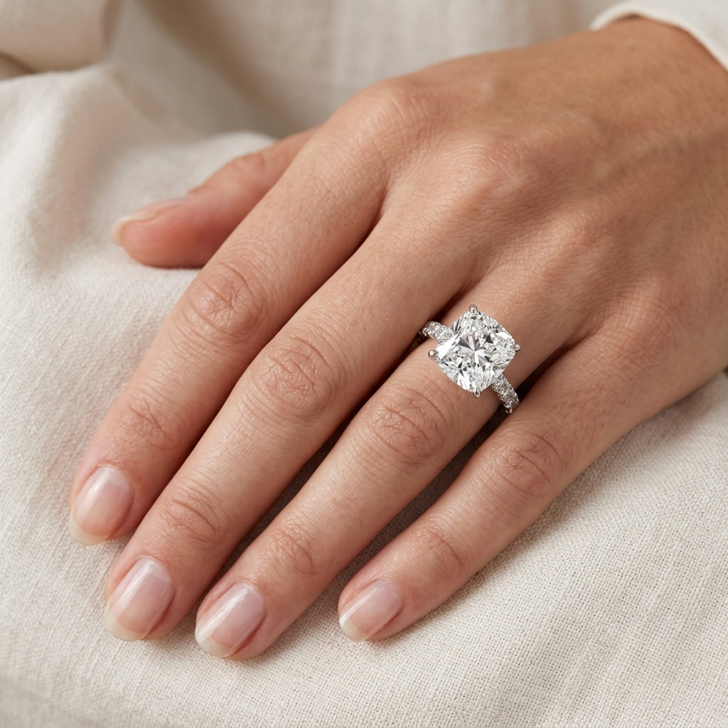 Cushion Cut Engagement Ring, 5 Carats, Halo, Silver