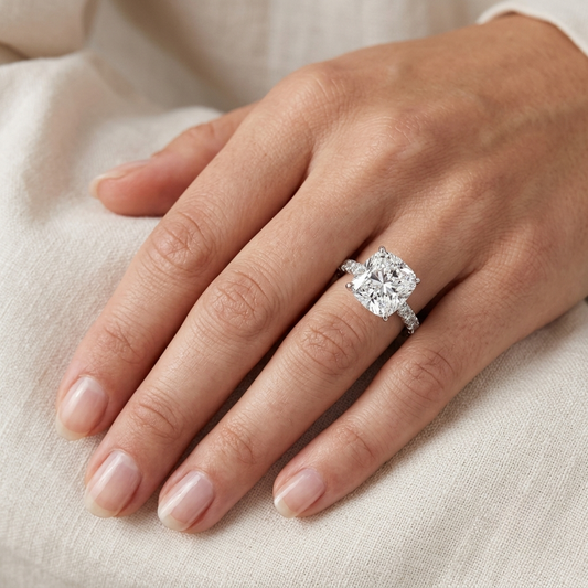 Cushion Cut Engagement Ring, 5 Carats, Halo, Silver