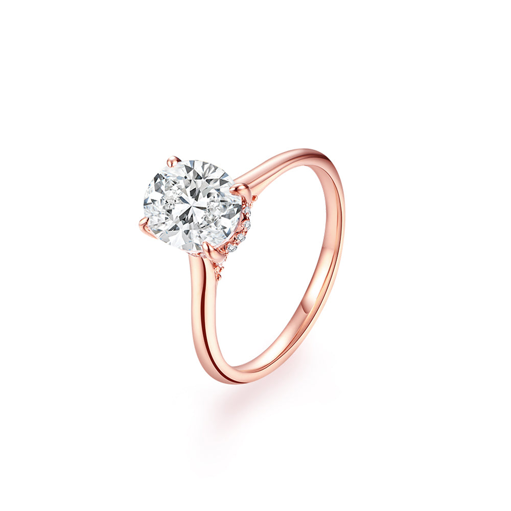 Oval Cut Engagement Ring, 2 Carats, Halo, 14k rose Gold, diamond simulant engagement rings by margalit rings