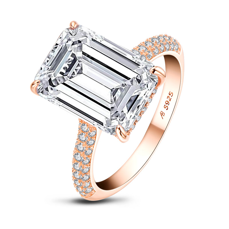 6 carat emerald cut engagement ring, rose gold, pave band, diamond simulant engagement rings by margalit rings