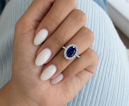 Blue Sapphire Engagement Ring, 3 Carats, Sterling Silver, Cluster Halo
