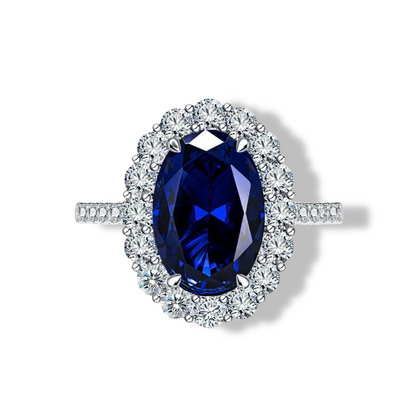 Blue Sapphire Engagement Ring, 3 Carats, Sterling Silver, Cluster Halo