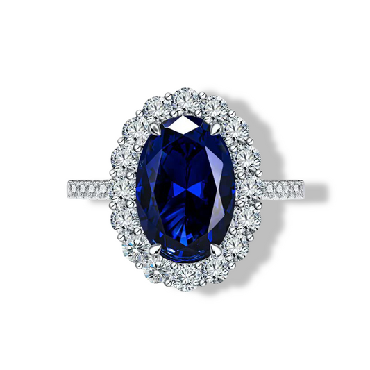 Blue Sapphire Engagement Ring, 3 Carats, Sterling Silver, Cluster Halo