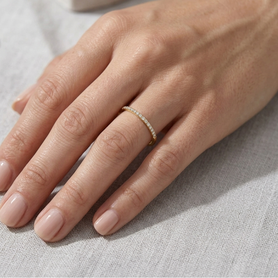 Classic Eternity Ring, Moissanite, Yellow Gold Half Band
