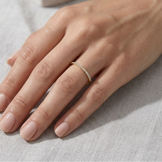 Classic Eternity Ring, Moissanite, Yellow Gold Half Band
